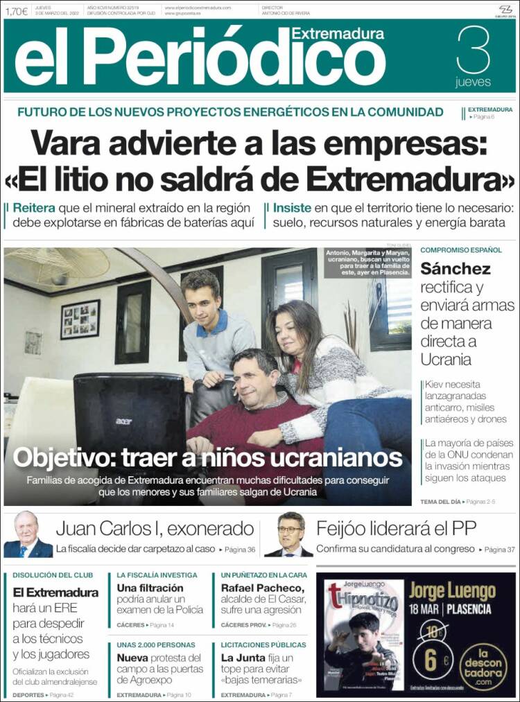 Portada de El Periódico de Extremadura (España)
