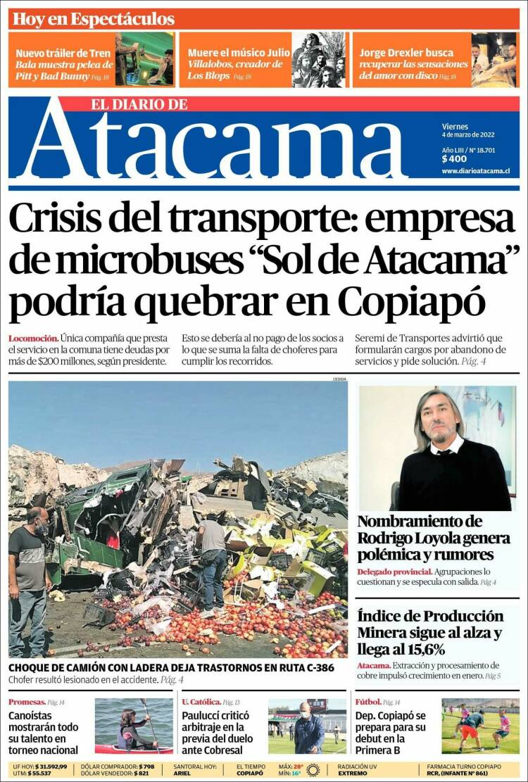 Portada de Diario de Atacama (Chile)