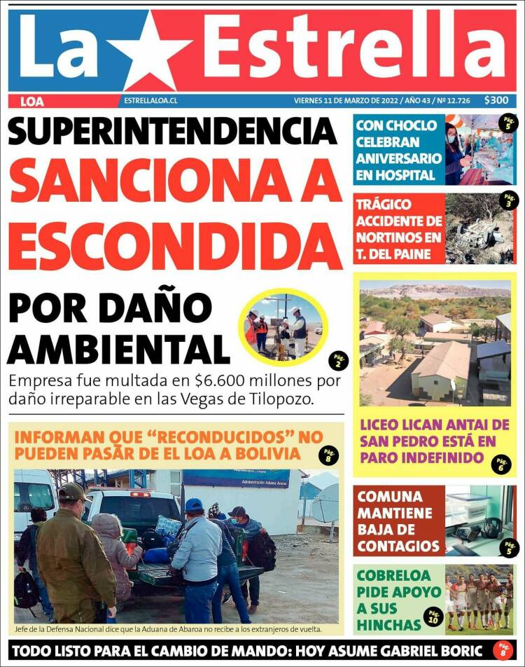 Portada de La Estrella de Loa (Chile)