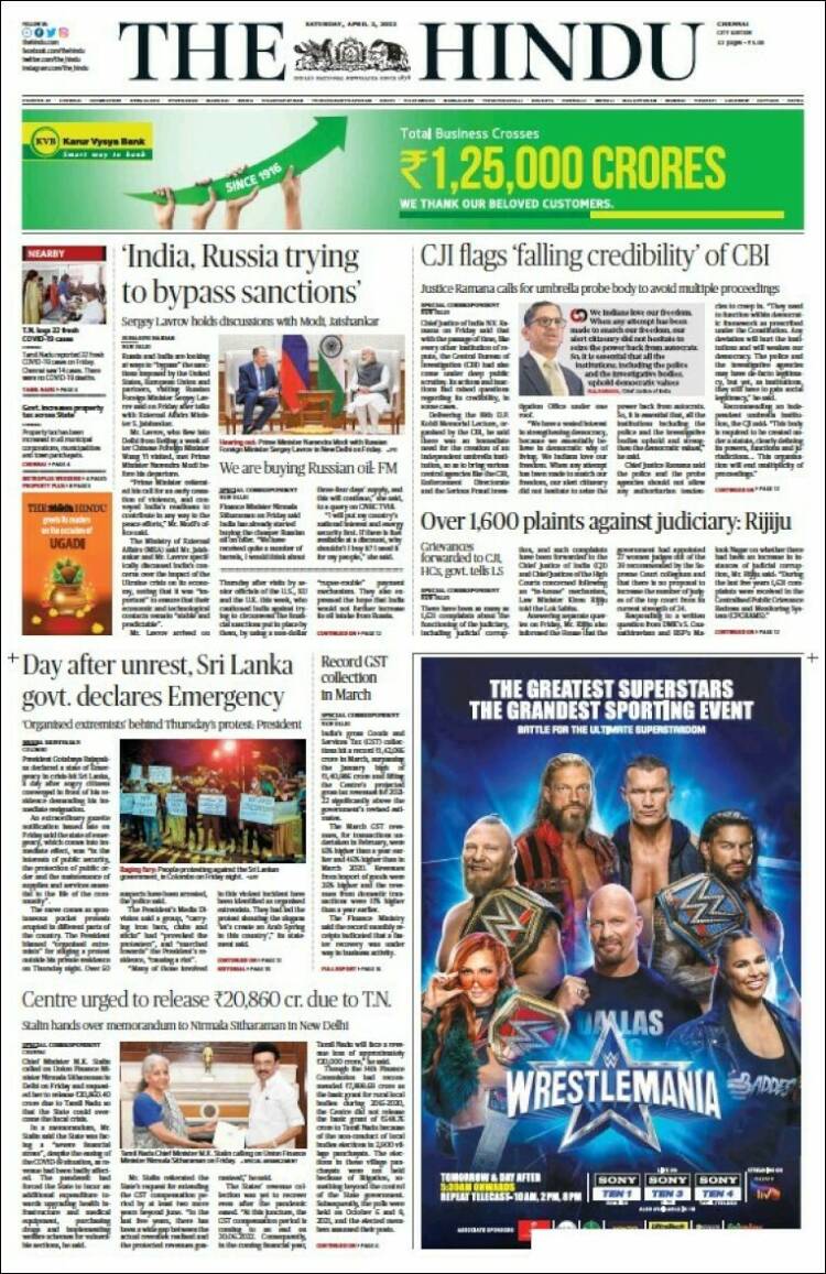 Portada de The Hindu (India)