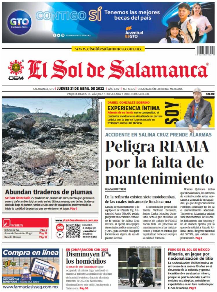 Portada de El Sol de Salamanca (México)