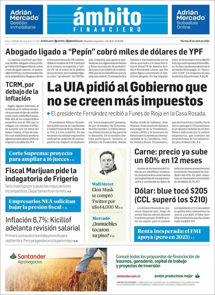 Portada de Diario Ambito Financiero (Argentina)