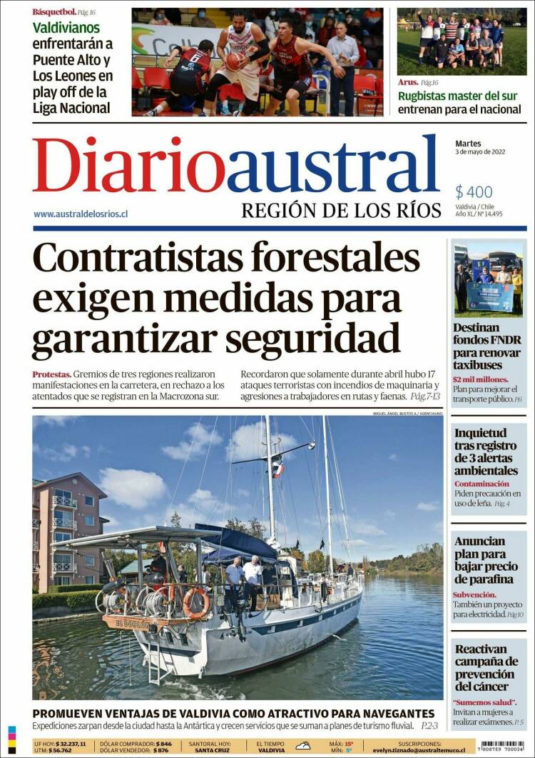 Portada de El Diario Austral de Valdivia (Chili)