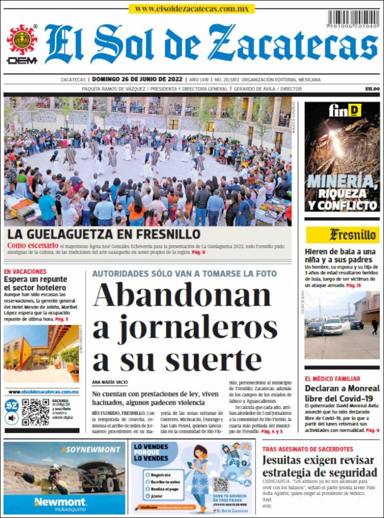 Portada de El Sol de Zacatecas (México)