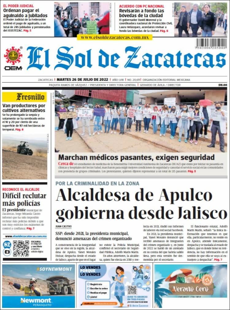 Portada de El Sol de Zacatecas (México)