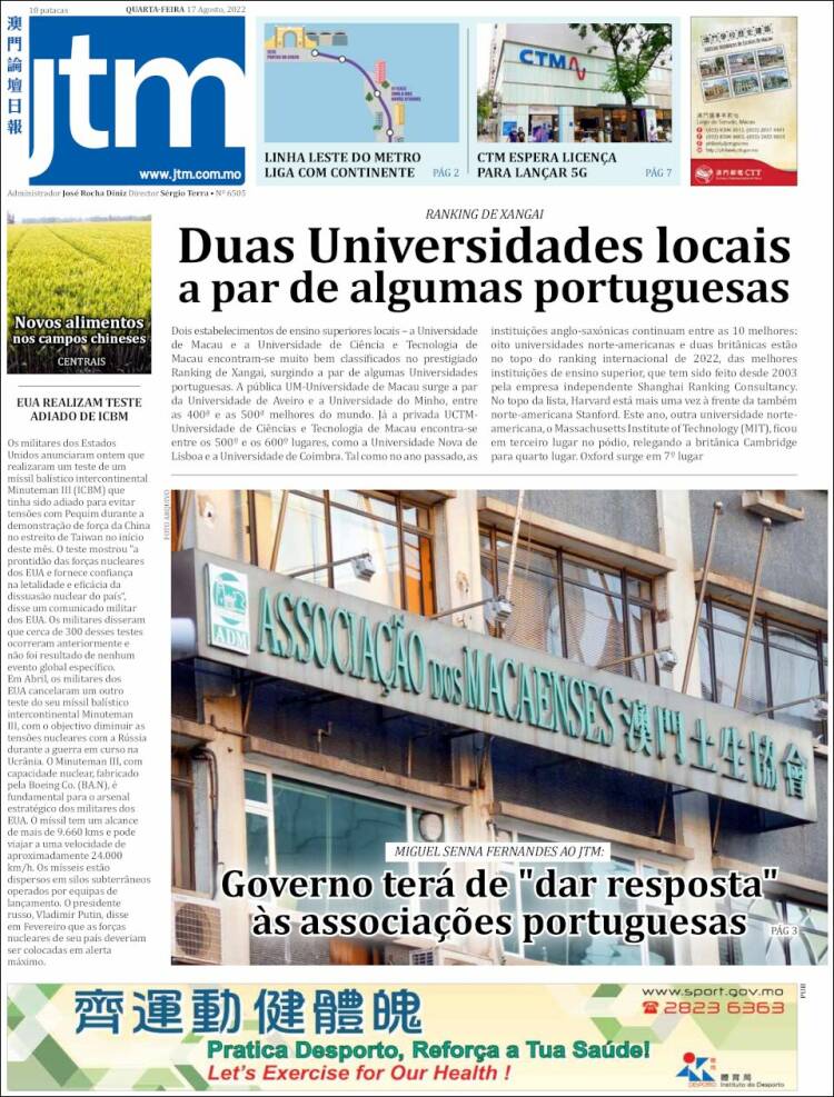 Portada de Jornal Tribuna de Macau (China)