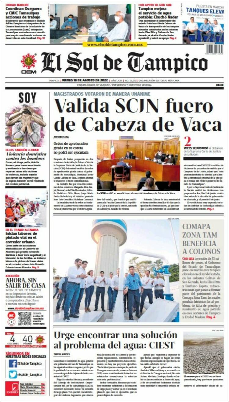 Portada de El Sol de Tampico (México)