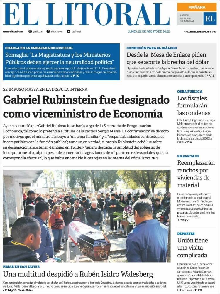 Portada de Diario El Litoral (Argentina)