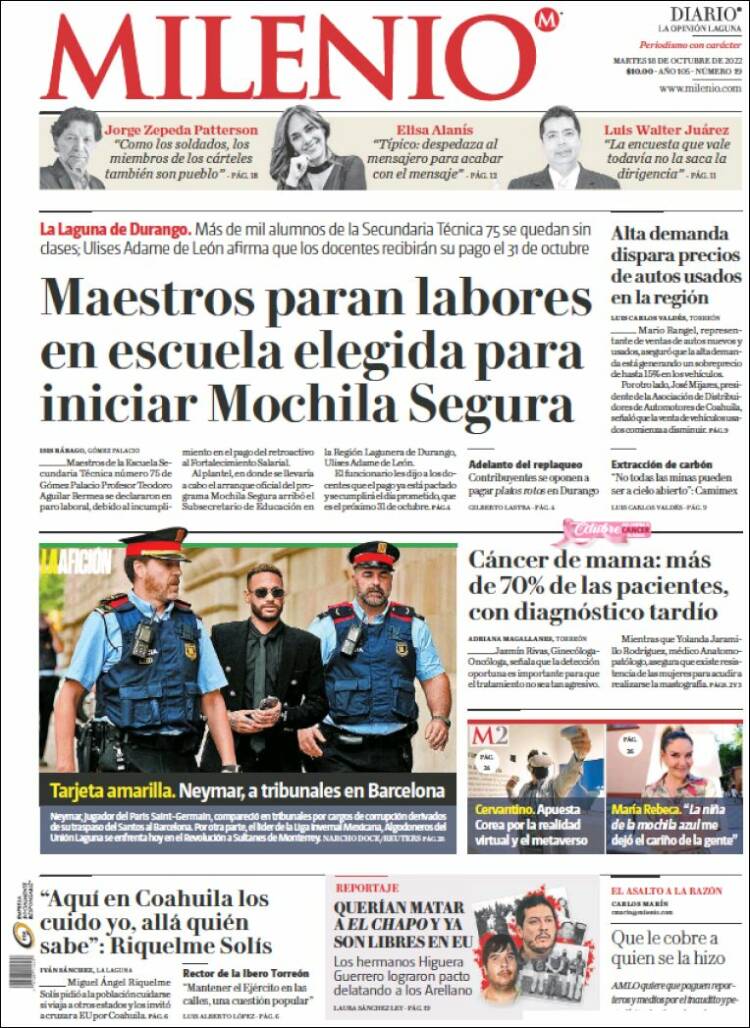 Portada de Milenio - Laguna (México)