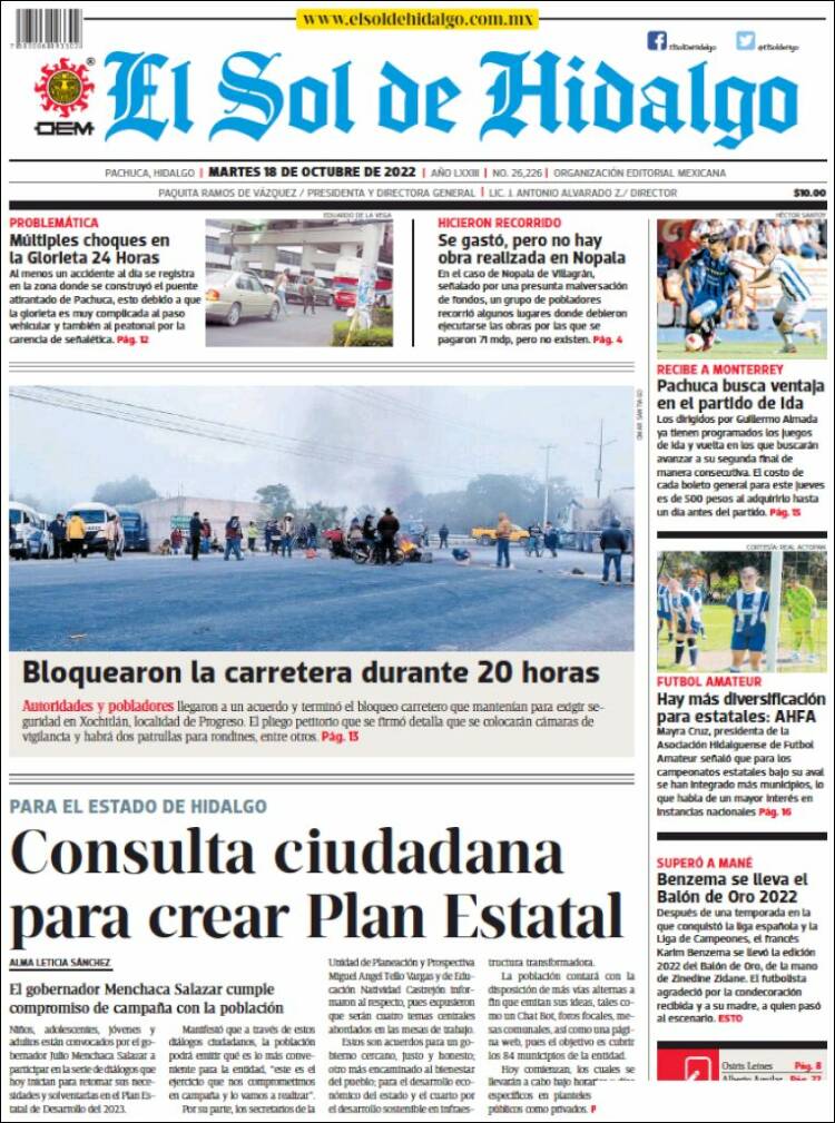 Portada de El Sol de Hidalgo (México)