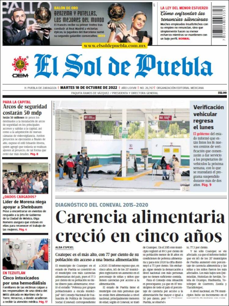 Portada de El Sol de Puebla (México)