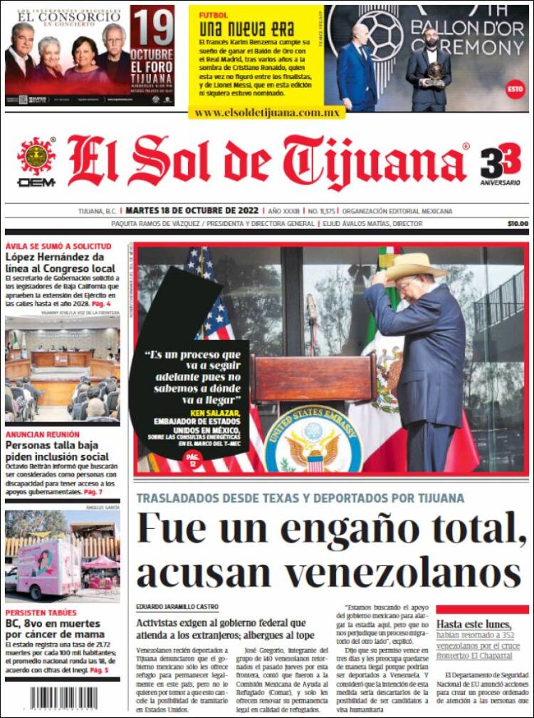 Portada de El Sol de Tijuana (México)