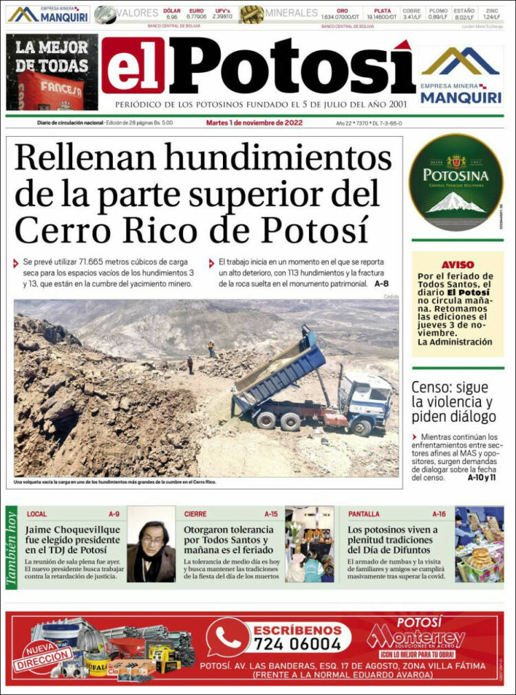 Portada de Diario de Potosí (Bolivie)