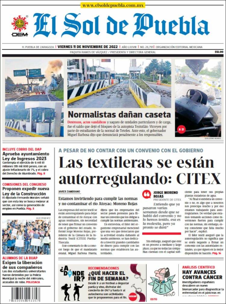 Portada de El Sol de Puebla (México)