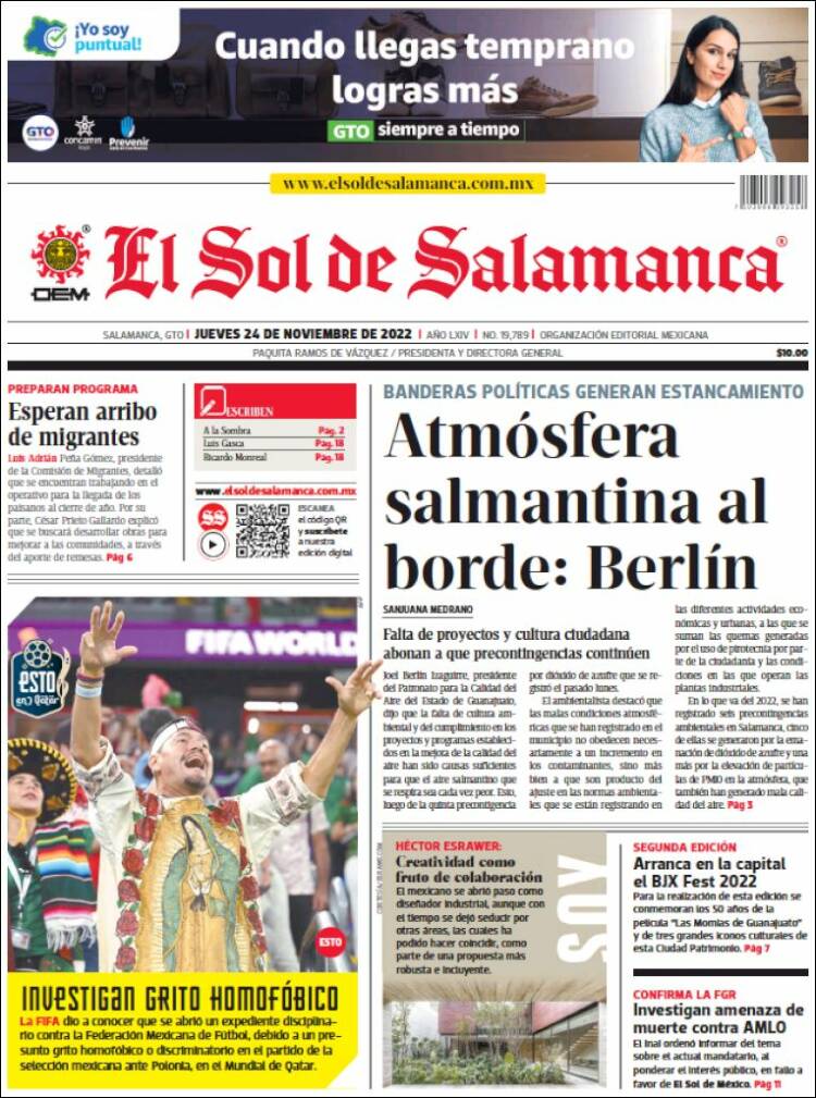 Portada de El Sol de Salamanca (México)