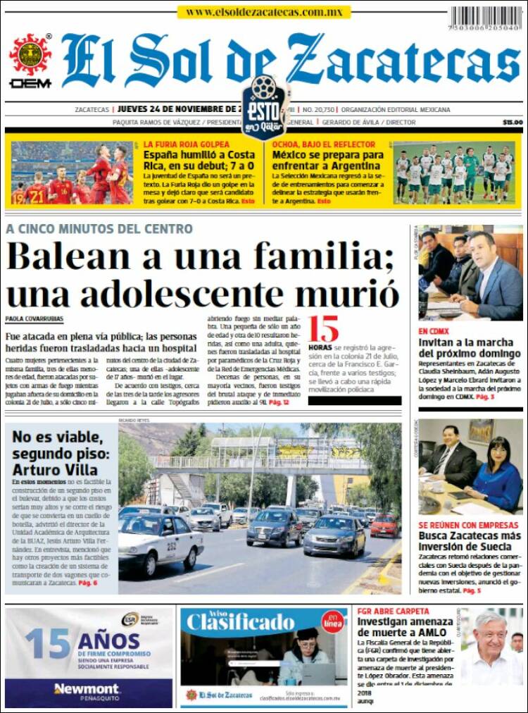 Portada de El Sol de Zacatecas (México)