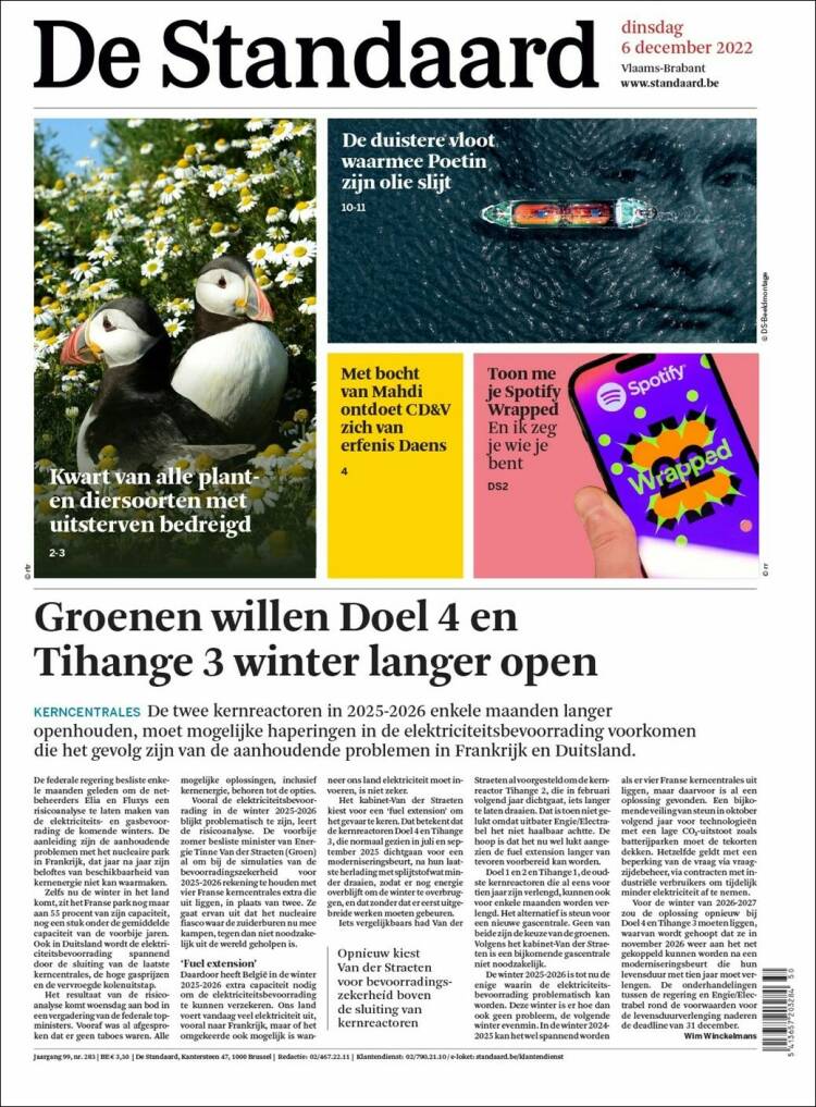 Portada de De Standaard (Belgium)