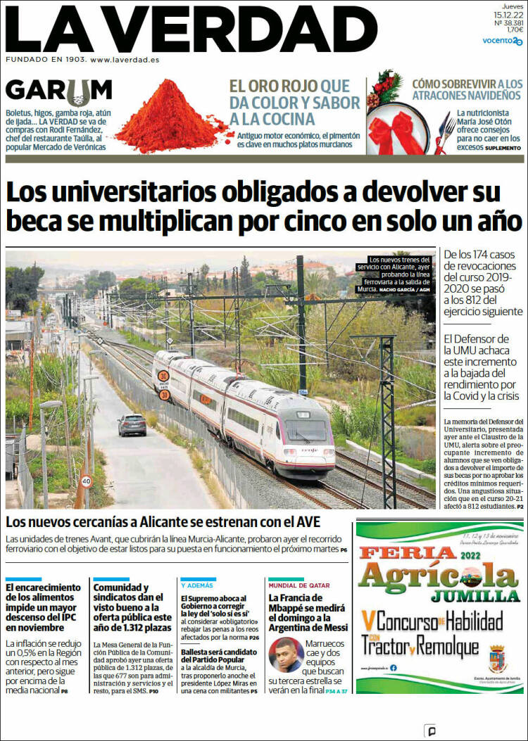 Portada de La Verdad de Murcia (España)