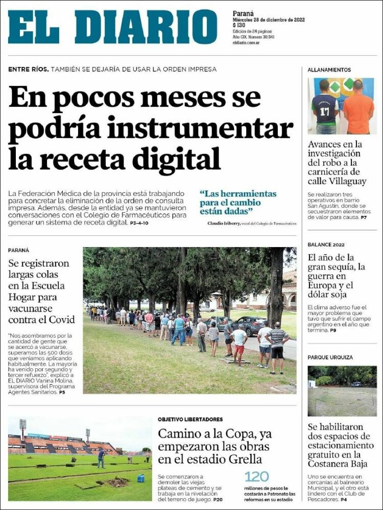 Portada de El Diario de Paraná (Argentina)