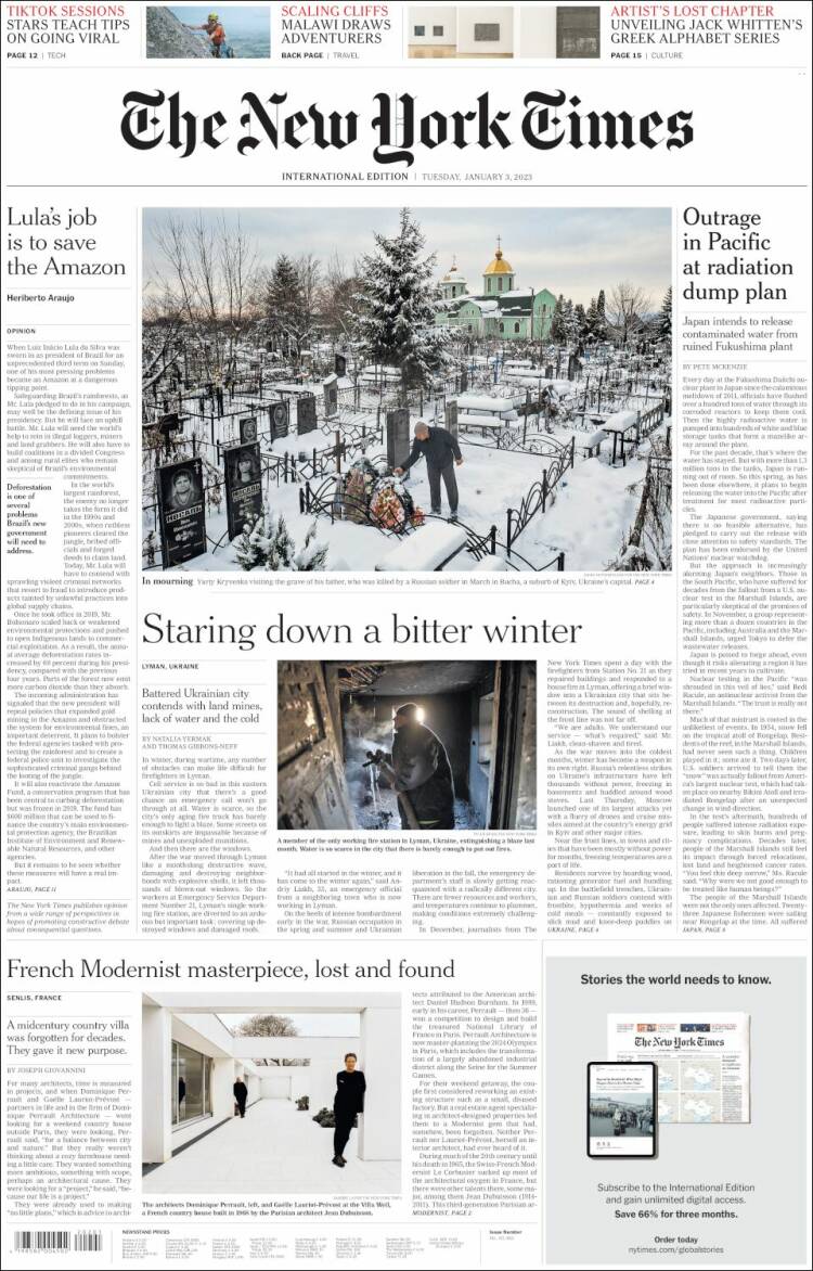 Portada de International New York Times (Europa)