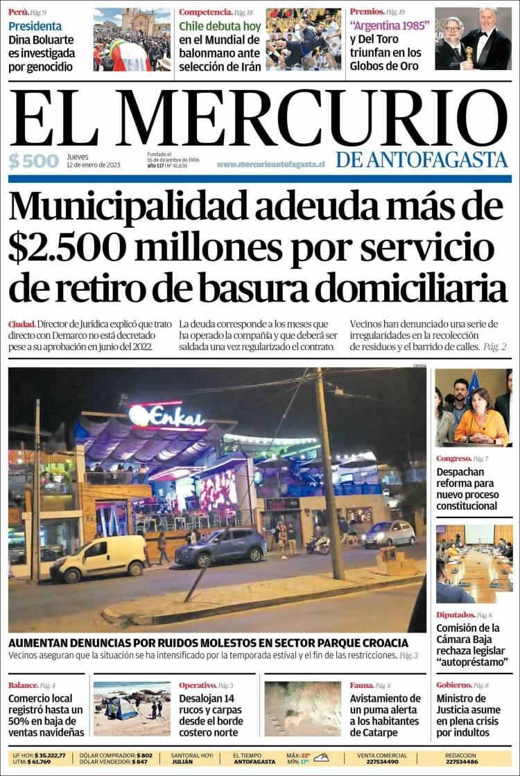 Portada de El Mercurio de Antofagasta (Chile)