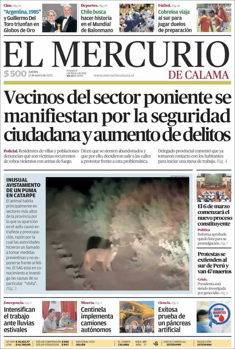 Portada de El Mercurio - Calama (Chile)