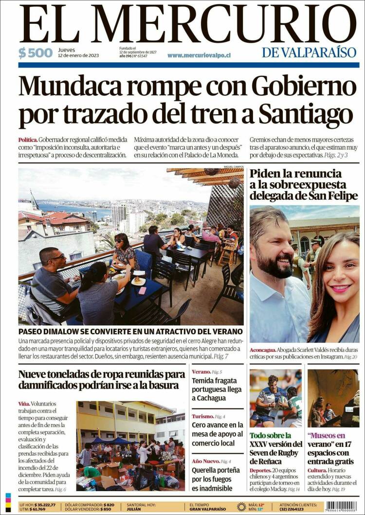 Portada de Mercurio de Valparaiso (Chile)