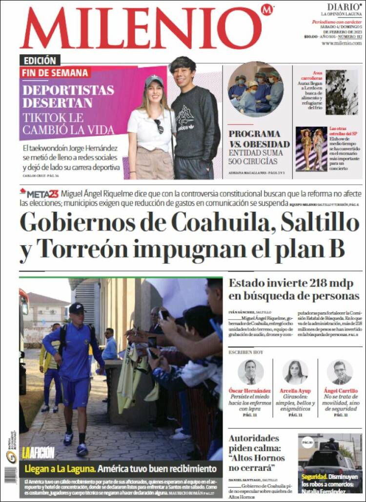 Portada de Milenio - Laguna (México)