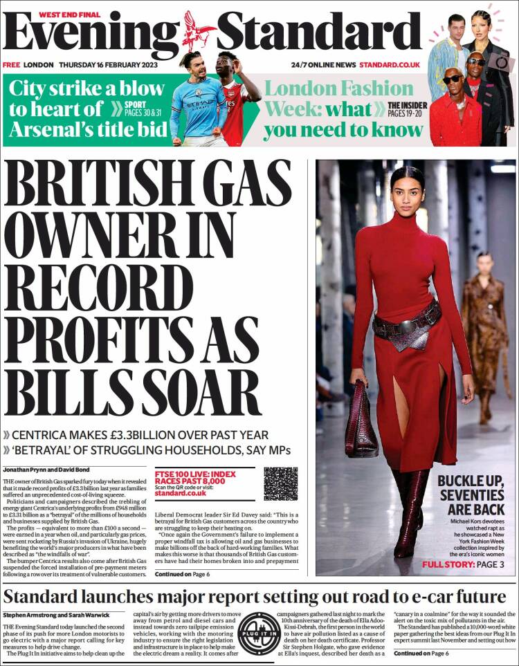Portada de Evening Standard (Reino Unido)