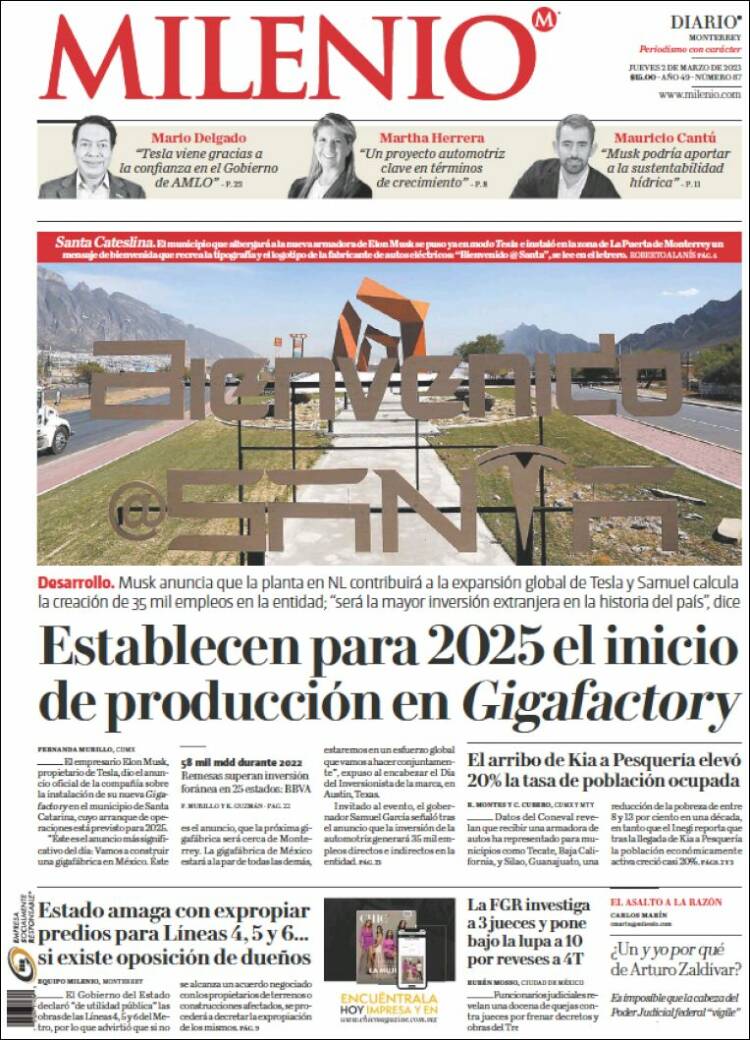 Portada de Milenio de Monterrey (México)