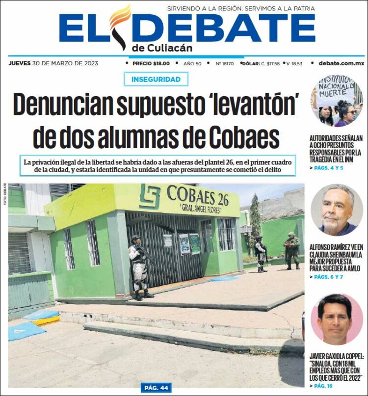 Portada de El Debate de Culiacán (México)