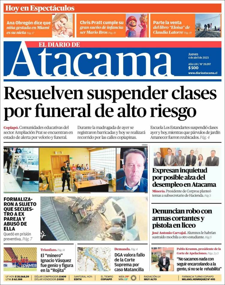 Portada de Diario de Atacama (Chile)