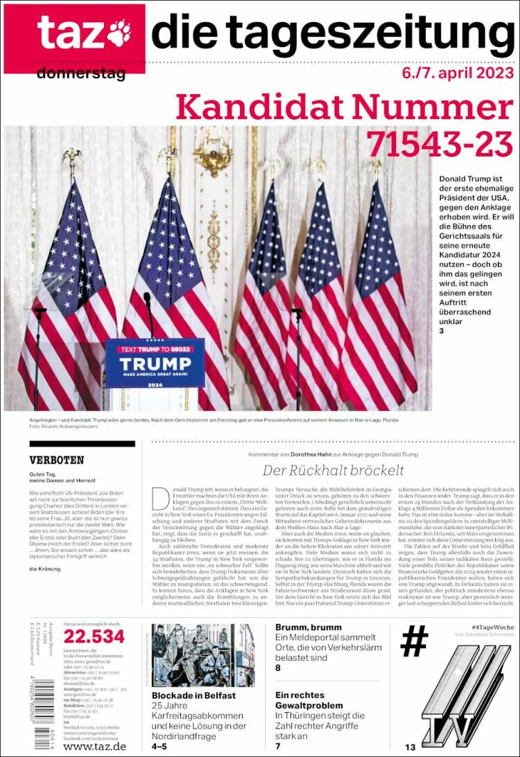 Portada de Die Tageszeitung (Alemania)