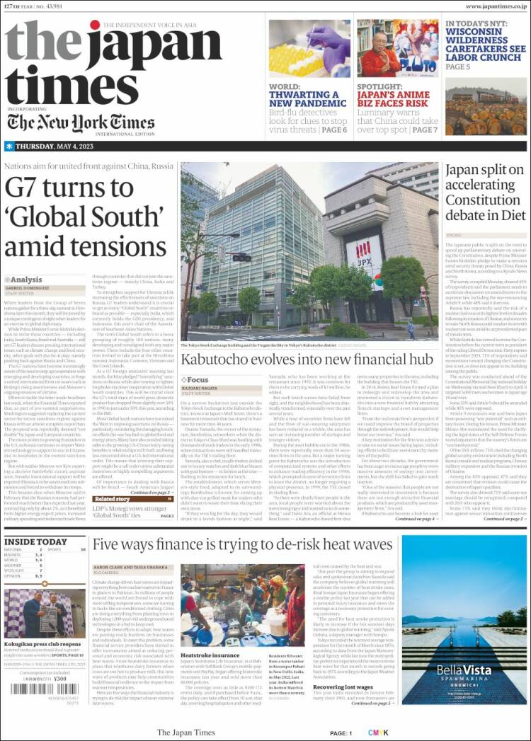 Portada de The Japan Times (Japón)