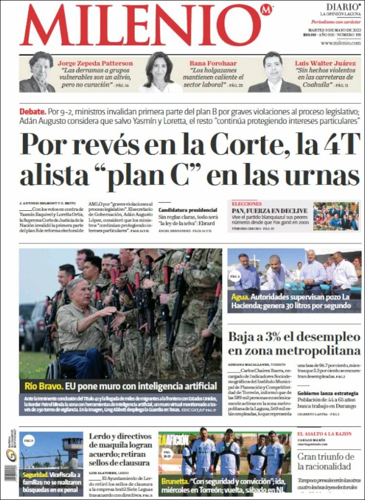 Portada de Milenio - Laguna (México)