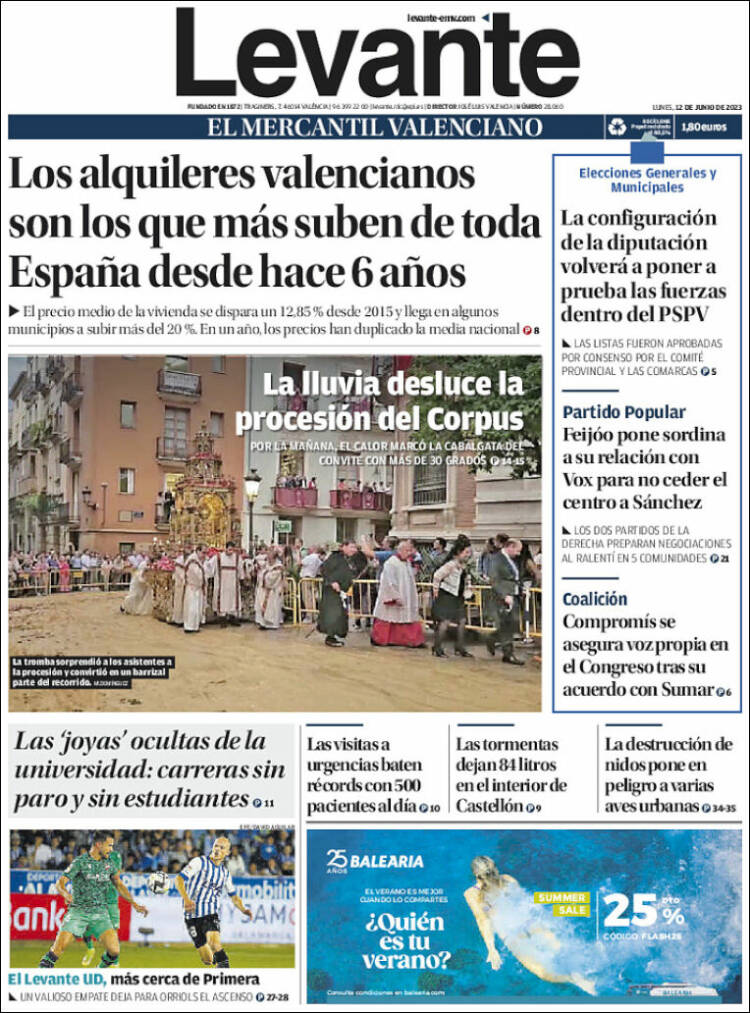 Periódico Levante España Periódicos de España Edición de lunes 12