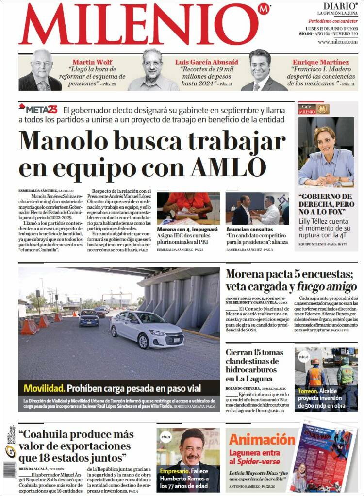 Portada de Milenio - Laguna (México)