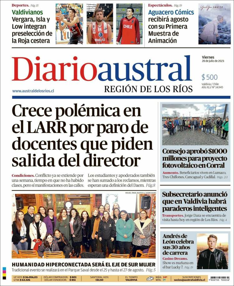Portada de El Diario Austral de Valdivia (Chile)