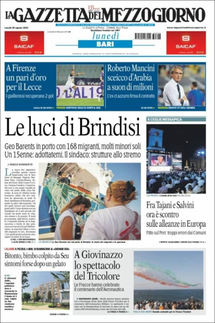 Portada de La Gazzetta del Mezzogiorno (Italia)