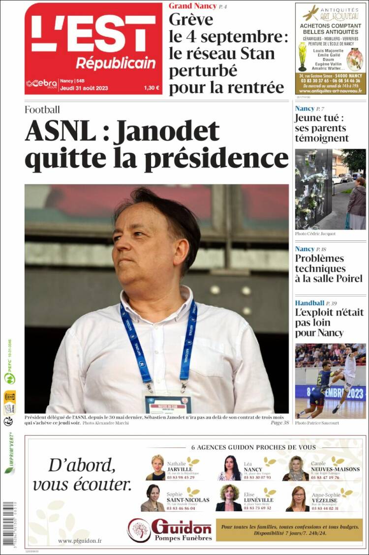 Portada de L'Est Republicain (Francia)