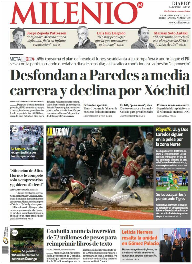 Portada de Milenio - Laguna (México)