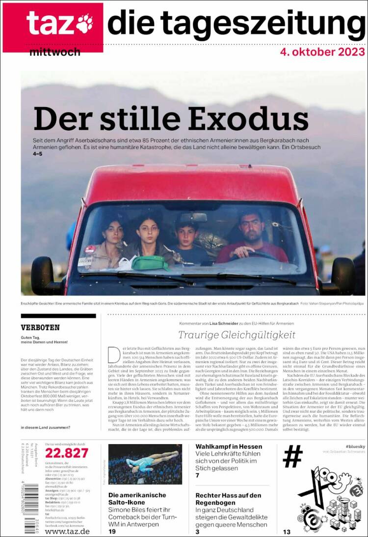 Portada de Die Tageszeitung (Alemania)