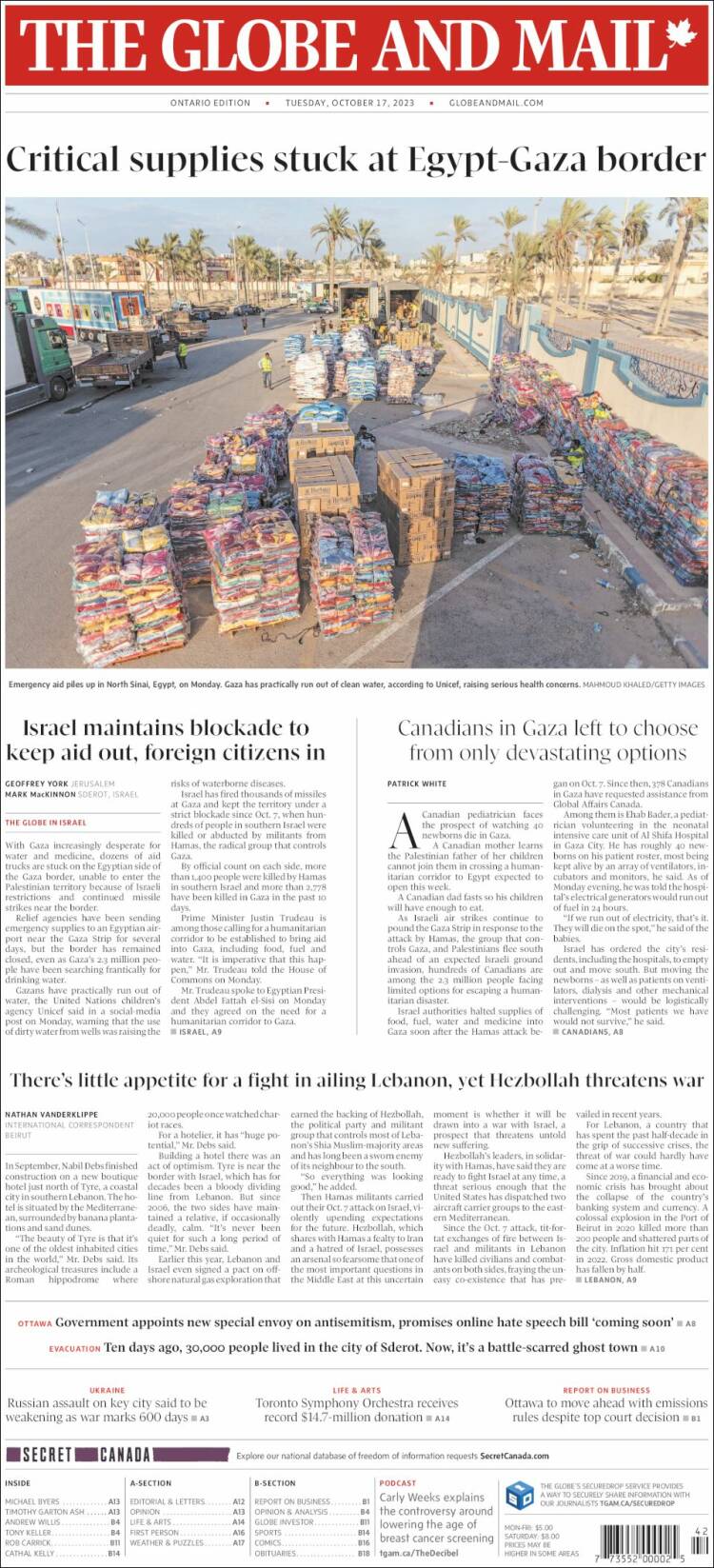 Portada de The Globe and Mail (Canadá)