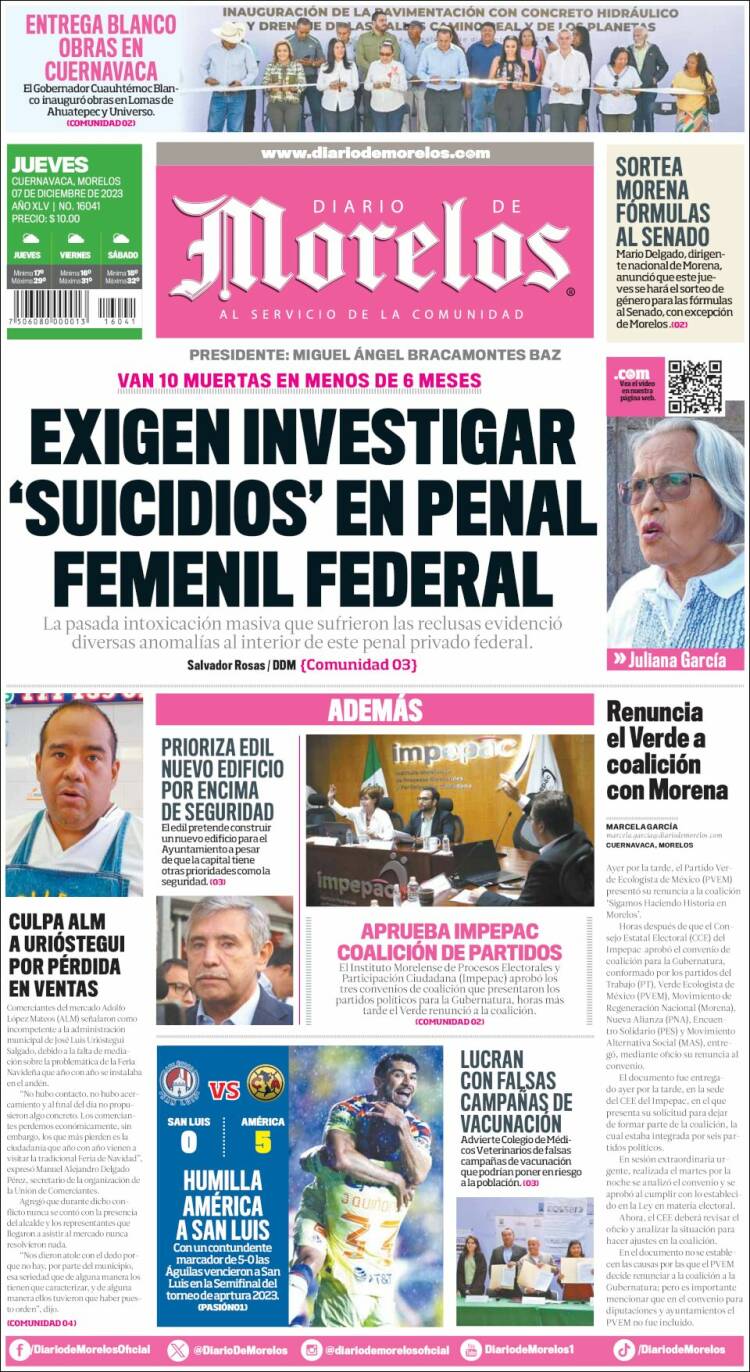 Portada de Diario de Morelos (México)