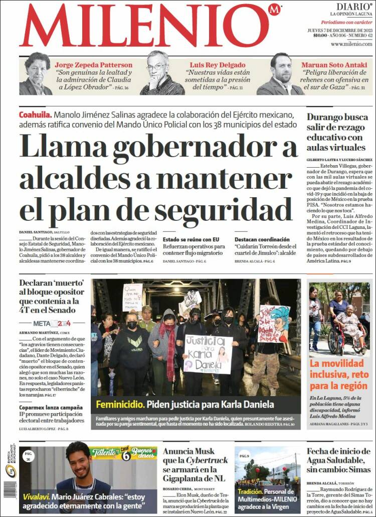 Portada de Milenio - Laguna (México)