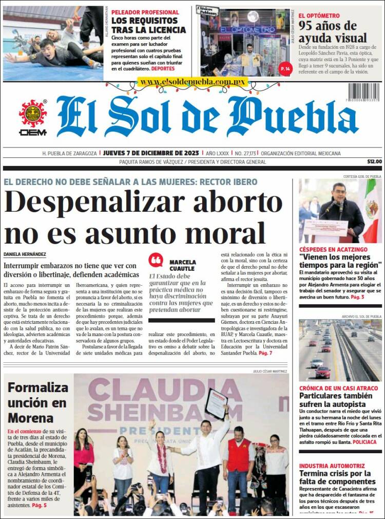 Portada de El Sol de Puebla (México)