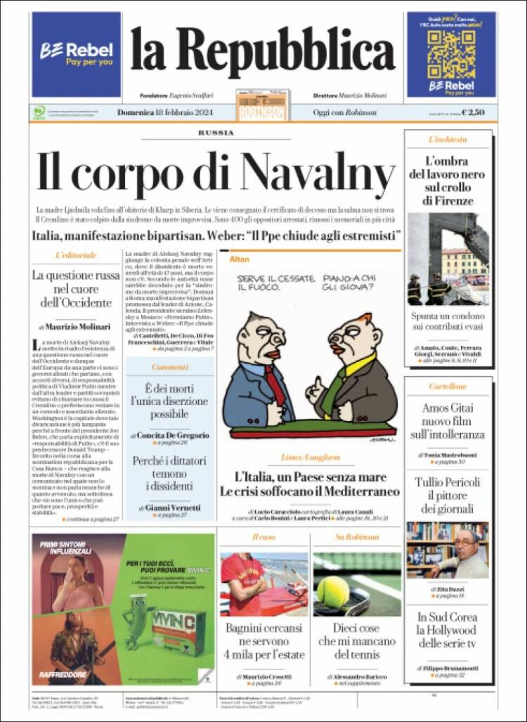 Portada de La Repubblica (Italy)