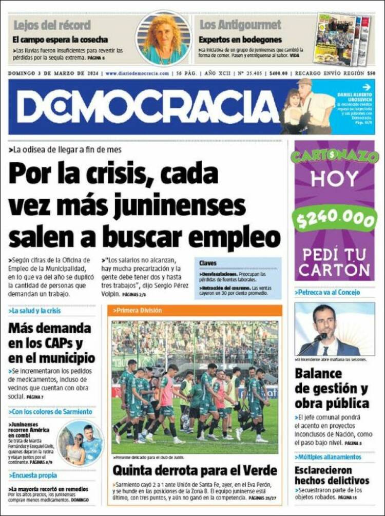 Portada de Diario Democracia (Argentina)