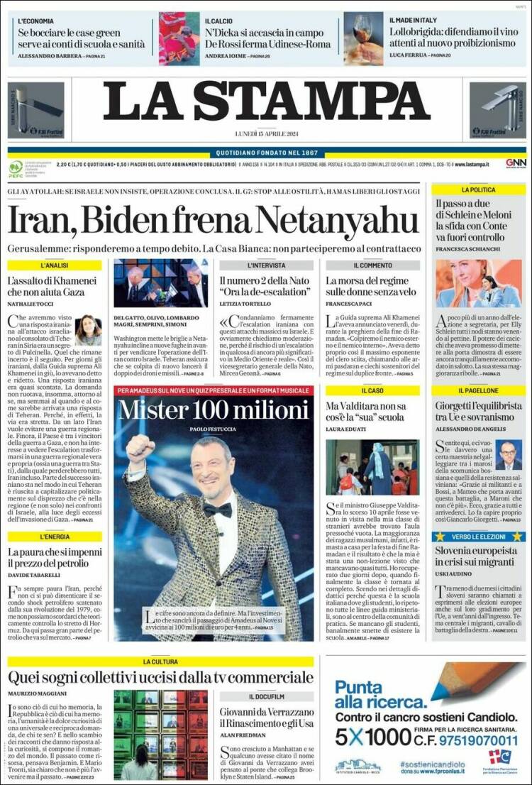 Portada de La Stampa (Italia)