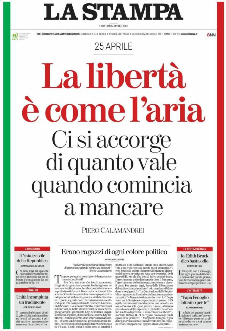 Portada de La Stampa (Italia)